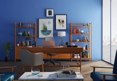 home office with blue walls