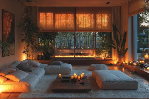 Warm ambient lighting in a cozy living room using candles and layered light sources to make it feel like home.