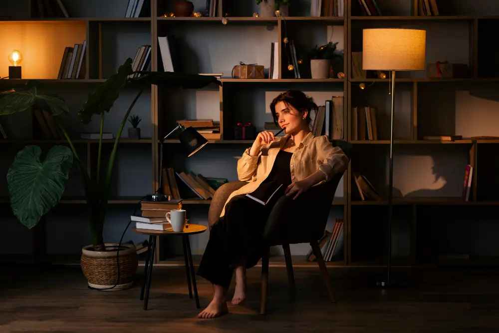 Woman relaxing and reading under warm, soft lighting, demonstrating how lighting design can transform your mood and create calm.
