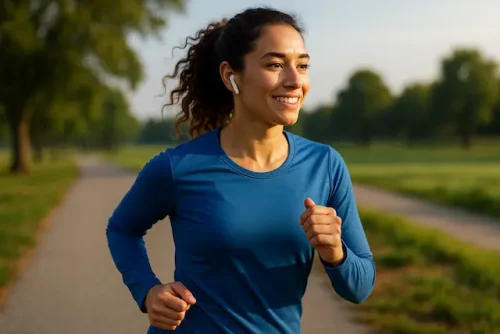 Woman jogging outdoors on a sunny morning, demonstrating running for weight loss.