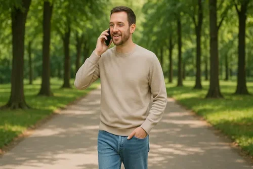 Person walking during a phone call as a small daily movement habit for mental wellbeing.