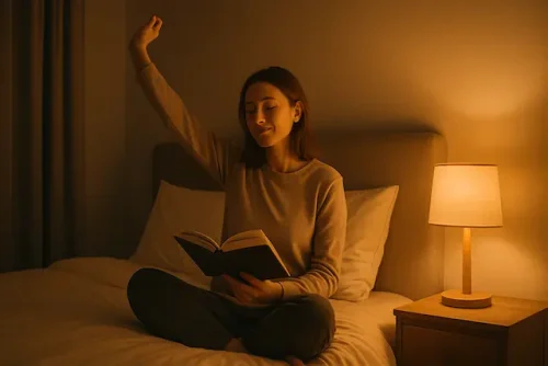 Person winding down at night with a simple bedtime routine for better mental health.