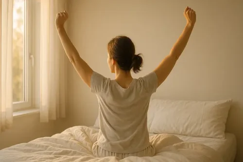 Person stretching in bed during a simple morning reset for mental wellbeing.