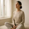 Person taking a calm morning breath to support tiny habits for mental health.