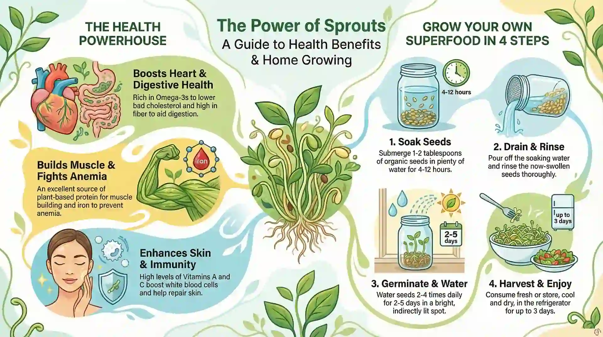 Benefits of sprouts infographic explaining heart health, digestion, weight loss, skin support, and simple steps on how to grow sprouts at home