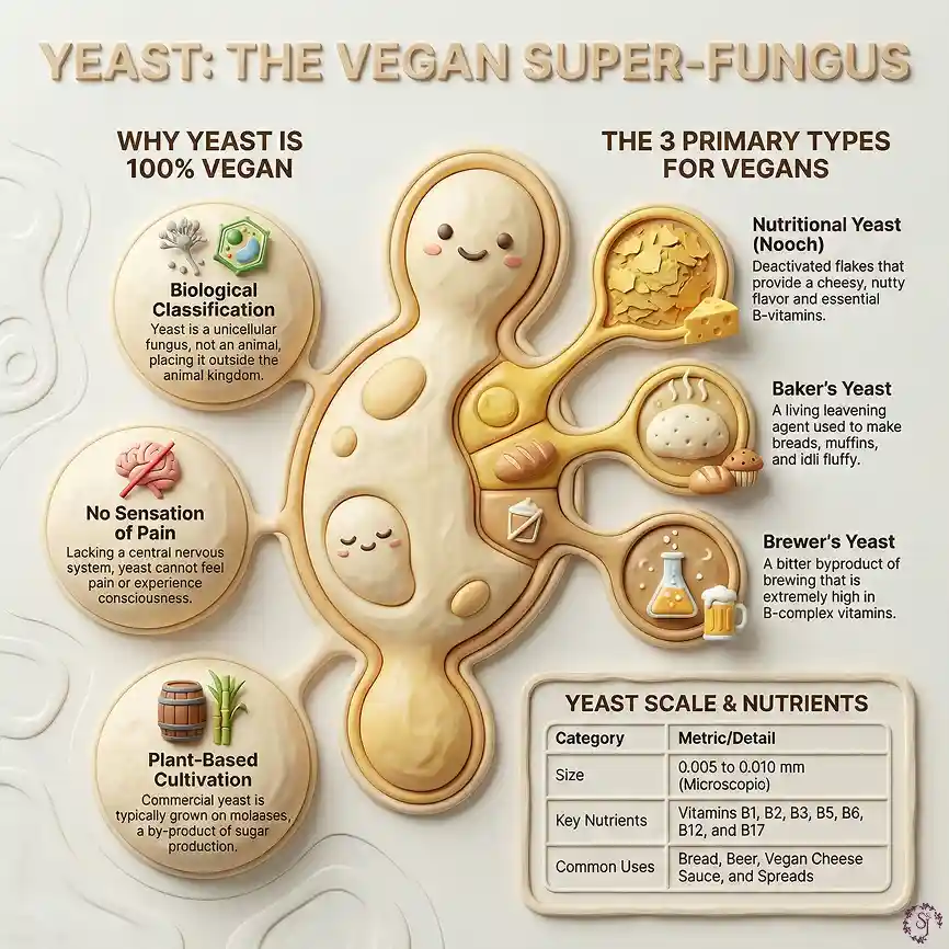 Infographic explaining what yeast is, why it is vegan, the main yeast types for vegans, and its nutrients, answering the question is yeast vegan clearly