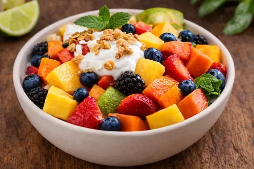 Fresh papaya fruit salad bowl with mango berries and yogurt showing a common way to serve tropical fruits