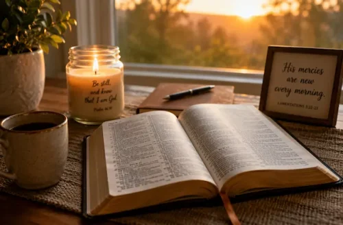 Daily morning prayer devotional with Bible and peaceful morning setting