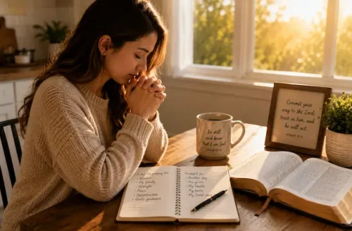 Woman writing in a journal at a sunlit kitchen table