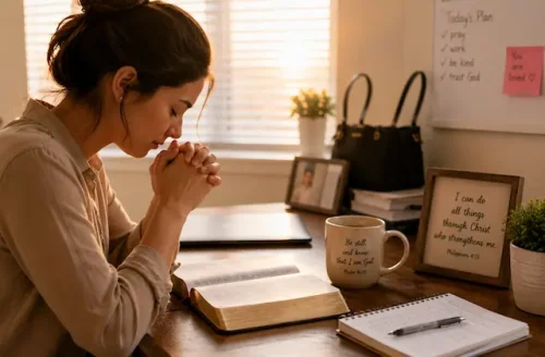 Woman praying quietly before work in a calm morning setting