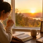Person saying a short morning prayer at sunrise before starting the day