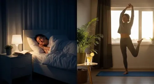Person practicing healthy sleep habits and morning wellness routine