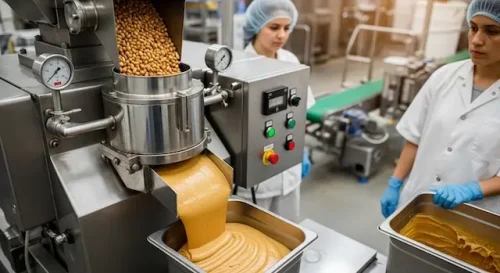 Roasted peanuts being processed into smooth peanut butter during manufacturing