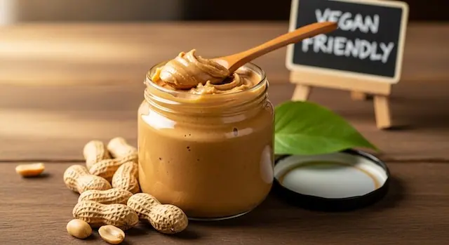 Jar of natural peanut butter with peanuts on a wooden table showing a vegan-friendly spread
