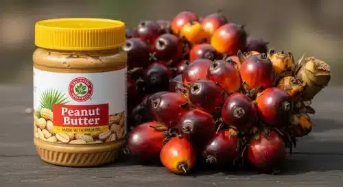 Jar of commercial peanut butter beside palm fruit illustrating palm oil ingredients