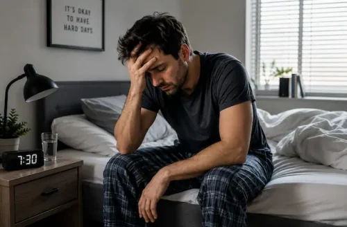 Stressed person waking up tired after 8 hours of sleep and feeling exhausted