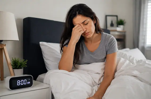 Person waking up tired despite sleeping 8 hours
