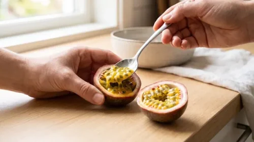 Spoon scooping jelly-like passion fruit pulp from a freshly cut fruit