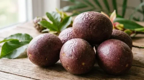Whole ripe passion fruits with slightly wrinkled skin on a wooden table