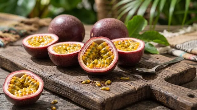 Ripe purple passion fruits cut open to show juicy yellow pulp and crunchy seeds
