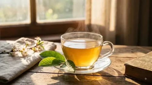 A glass cup of warm guava leaf herbal tea resting on a wooden saucer.