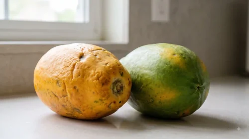 Two papayas showing different ripeness levels for choosing when to eat