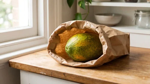 Partially green papaya ripening at room temperature in a paper bag