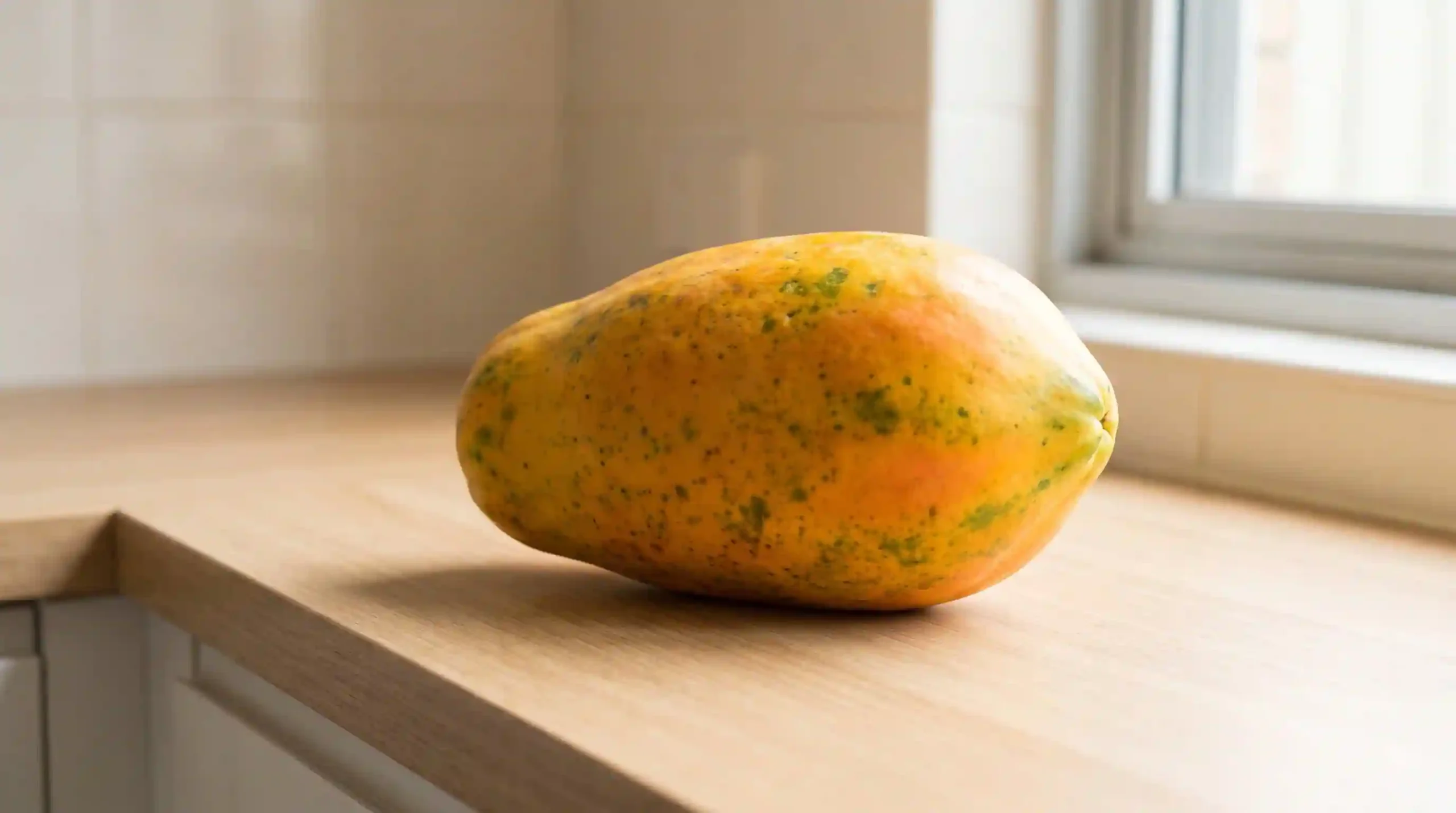 Ripe papaya with yellow and yellow-orange skin showing signs of papaya ripeness