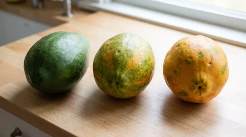 Papayas showing green, partially yellow, and mostly yellow skin during ripening