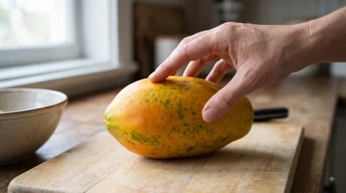 Hand gently pressing a ripe papaya to check its softness and ripeness