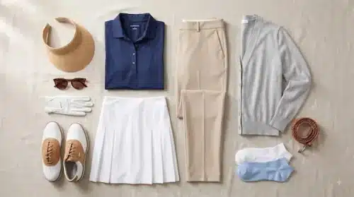Women’s golf clothing and accessories including a polo, skirt, trousers, shoes and visor